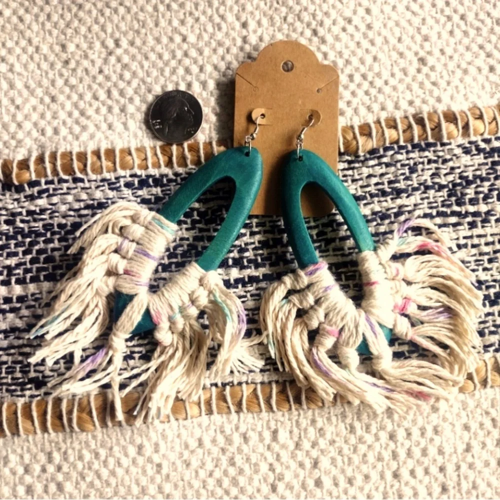 Gorgeous Handcrafted Earrings with Tribal Vibe. Teal colored wood cream fringe